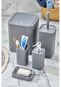 Resim Line 5 Parça Kare Banyo Seti - Çöp Kovası Wc Fırçası Sıvı-katı Sabunluk Diş Fırçası Antrasit 