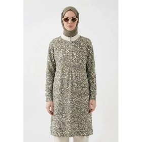 Resim Armine Trend Kendinden Desenli Yakası Ribanalı Yarım Fermuarlı Tunik Haki 26YT441 