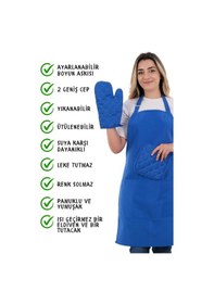 Resim Simple 3lü Set Ayar Askılı Mutfak Önlüğü Seti Eldiven, Tutacak Mavi 