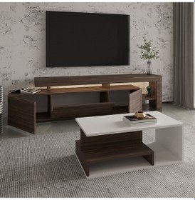 Resim İnarch Dizayn Beliz Led Işıklı Tv Sehpası Ve Vera Orta Sehpa Set - Oturma Odası Modern Takım Beyaz - Ceviz 