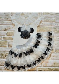 Resim 1-2-3 Yaş Payetli Mickey Nakışlı Kısa Kollu Brode Etekli 2li Kız Bebek Takımı Siyah Siyah 