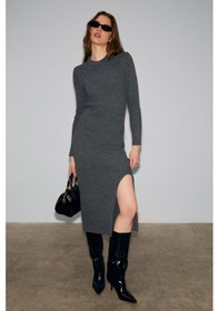 Resim Grimelange Soreya Kadın Yuvarlak Yaka Çizgi Desenli Yırtmaçlı Slim Fit Triko Antrasit Elbise Antrasit 