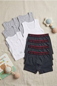 Resim Pi Giyim 12’li Erkek Çocuk Atlet ve Boxer Takımı - 6 Gri-Beyaz Atlet, 6 Füme Boxer , Rahat ve Dayanıklı Model 