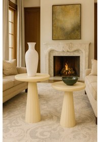 Resim Modern Tarzda Doğal Masif Ahşap Yan Sehpa 2 Li Krem Zigon Beyaz 