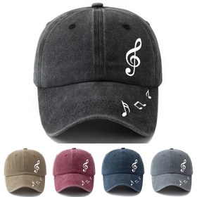 Resim MAKEFGE'den Müzik Notu Baskılı Ayarlanabilir Yıkanmış Beyzbol Şapkası - Dış Mekan, Kamp ve Günlük Kıyafet için Rahat Kavisli Kenarlı Şapka, Ördek Gagası Şapka, Tatil, Boş Zaman Stili 