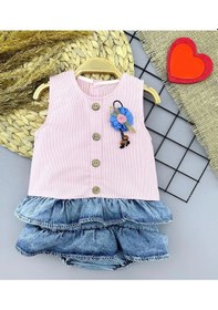 Resim Cojans 6-9-12-18 Ay Gül Rozet Detaylı Kot Kilotlu Etek Kız Bebek Elbisesi Pembe Çok Renkli 