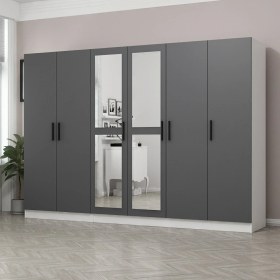Resim Minar Kale 6 Kapaklı 2 Aynalı 2 Çekmeceli Dolap Beyaz Antrasit 210 cm 