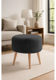 Resim Waterybrook Yuvarlak Puf Welsoft Kumaş Ceviz Ahşap Ayaklı - Makyaj - Yatak Ucu - Dekoratif Oturma Pufu Antrasit 