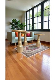 Resim El Yapımı Ahşap Mantar Yan Sehpa 3 Lü Set Altın Varak Renk Bej 