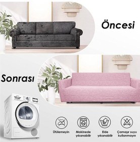 Resim Jakarlı 3 Kişilik Pembe Lastikli Kanepe Örtüsü Lastikli Koltuk Örtüsü Koltuk Kılıfı Pudra 