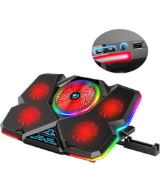 Resim Cool Cold Gaming Notebook Soğutucu Kırmızı LED Telefon Tutuculu 5 Fanlı Rgb Işıklı Yükseklik ve Fan Hız Ayarlı 