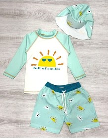 Resim Güneş Korumalı Boneli Karakter Desenli Deniz Şortlu Mayo Takım Koyu Pembe 