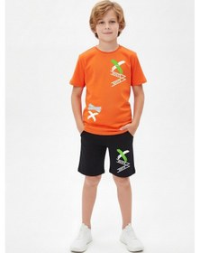 Resim Panios Kids X White Baskı Detaylı Yuvarlak Yaka Yazlık Erkek Çocuk Alt Üst Takım Turuncu 