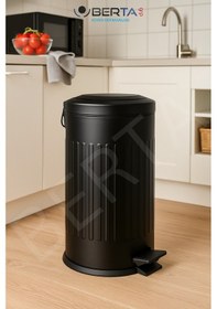 Resim Vintage Krem Çöp Kovası Amortisörlü Kapak Çizgili Lüks Model 16lt Siyah 