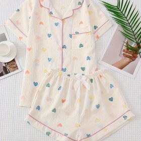 Resim Kalp Baskılı Pijama Takımı, Kısa Kollu Yaka Düğmeli Üst & Elastik Bel Şort, Kadınların Uyku Giyim & Rahat Giyim 