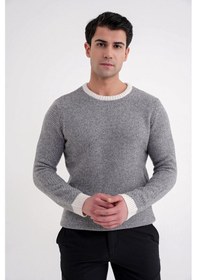 Resim Slim Fit Renkli Ribanalı Ekru Gri Yünlü Bisiklet Yaka Triko Kazak Tr 890 Ekru-gri 