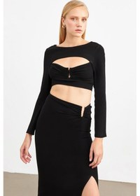 Resim Fashion Cocktail Toka Aksesarlı Uzun Kol Crop Yırtmaçlı Beli Bağlama Midi Etek Takım Siyah Siyah 
