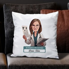 Resim En Başarılı Kadın Göz Doktoru Karikatürlü Yastık 