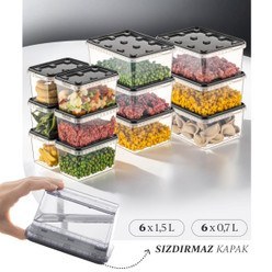 Resim 12'li Block Buzdolabı Ve Derin Dondurucu Sızdırmaz Saklama Kabı Şeffaf Antrasit 6x(1,5-0,7 Lt) 
