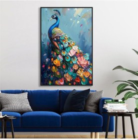 Resim Yağlı Boya Dokulu Tablo Modern Renkli Tavus Kuşu Siyah Çerçeveli U04033-178947 