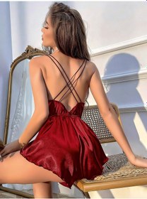 Resim Lily Bianca Kırmızı Saten İnce Askılı Derin V Yaka Şortlu Babydoll Gecelik Kırmızı 