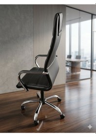 Resim Müdür Ofis Koltuğu, Yönetici Ofis Koltuğu, Siyah Deri, Krom Ayak, 