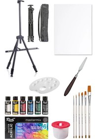 Resim Rich Mastermix Akrilik Boya Seti 6 Ana Renk 3 Ayaklı Metal Şövale 35x50 Tuval Metal Spatula Seti 6 