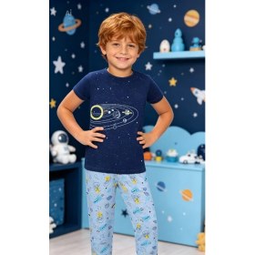 Resim NiCe İç Giyim Uzay Temalı Lacivert & Açık Mavi Renk Bisiklet Yaka Pamuk Penye Erkek Çocuk Pijama Takım 