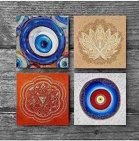 Resim Nazar, Lotus Çiçeği, Sri Yantra Taş Bardak Altlığı Seti - 4 Parça - Dekoratif, Rustik Mutfak Aksesuarı, 10x10 cm, Kaydırmaz Tabanlı, Şık ve Dayanıklı SC386 