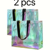 Resim 2 Adet Taşınabilir Şeffaf PVC Seyahat Çantaları Işıltılı Holografik Yüzeyli - Sevgililer Günü Hediyeleri, Spor ve Günlük Kullanım için Hafif Plaj, Yüzme & Spor Çantaları, Dayanıklı Saplı El Çantaları 