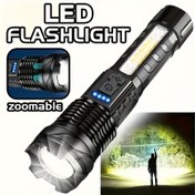 Resim Kamp Feneri, USB Şarj Edilebilir LED El Feneri, Kırmızı-Mavi Uyarı Işığı ile, Balıkçılık, Macera, Acil Durum, Yürüyüş, Açık Hava Arama Lambası için Otel Kullanımı için Taşınabilir 