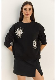 Resim Shade Kadın Bisiklet Yaka Çiçek Nakışlı Üç İplik Şardonlu Sweatshirt 60601045 - Siyah 