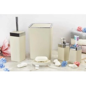 Resim İmera Akrilik Yapım Gümüş Çizgi Soft Banyo Takımı 5'li Kare Banyo Seti Krem 