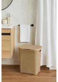 Resim Bej Plastik Hasır Desenli Kapaklı Çamaşır Sepeti 55 x 43 x 33 CM 