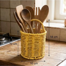 Resim Yuvarlak Hasır Dokulu Plastik Rattan Kaşıklık &amp Amp Çatallık Askılı Kendiliğinden Tutmalı Çok Amaçl Renkli 