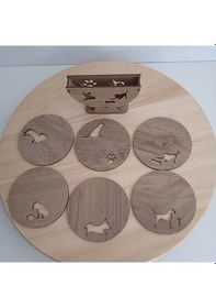 Resim Ahşap Köpek Bardak Altlıkları - 6'lı Set Ve Stand Kahverengi 