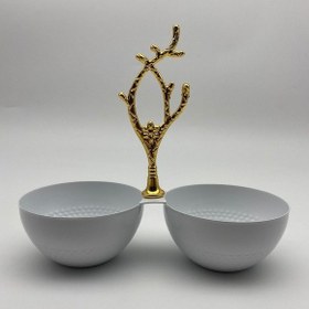 Resim 2 Bölmeli Beyaz Metal Çerezlik, Altın Dallı Çerez Tabağı 