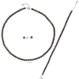 Resim 7,5 Mm Siyah Doğal İnci Sıralı Kolye Bileklik Küpe Üçlü Set 45 Cm / Rose Gümüş 