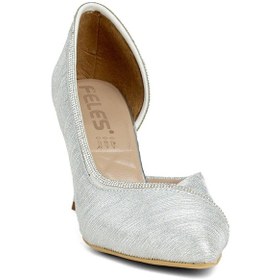 Resim Feles Kadeh Topuk Saten Şerit Taşlı Stiletto Kadın Topuklu Ayakkabı GÜMÜŞ 