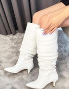 Resim Difolia Kadın Tamara Beyaz Cilt Körüklü Sivri Burun Çivi Topuk Çizme 