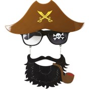 Resim NessiWorld Kahve Renk Şapkalı Siyah Sakallı Pipolu Jack Sparrow Denizci Korsan Gözlüğü 24x25 cm 