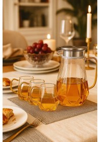Resim 5 Parça Cam Sürahi Ve Bardak Seti Metal Kapaklı 1500 Ml Sürahi + 4 Adet 350 Ml Bardak 