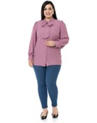 Resim Büyük Beden Yakası Bağlamalı Omzu Ve Kol Ağzı Büzgülü Pudra Gömlek-pudra Pudra 