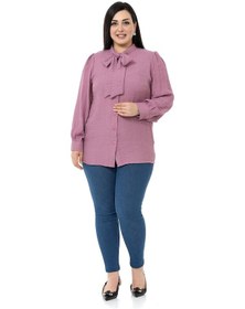 Resim Büyük Beden Yakası Bağlamalı Omzu Ve Kol Ağzı Büzgülü Pudra Gömlek-pudra Pudra 