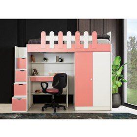 Resim Güven Mobilya Pembe Çalışma Masalı Dolaplı Ranza Takım 