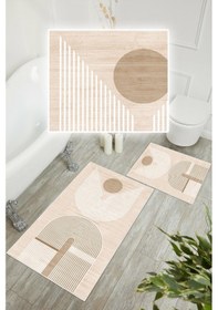 Resim Dijital Baskı Modern Kaymaz Taban 2li Set Banyo Paspası Klozet Takımı 50x60cm-60x100cm Krem 