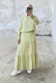 Resim Rahat Kesim Beli Lastikli Kat Kat Uzun Etek 5213 - Yeşil - Yeşil / L-XL 