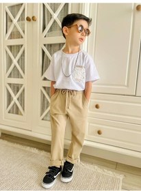 Resim Bej Kumaş Pantolon Beyaz Tişört Takım 2-6 Yaş 2067 Bej 