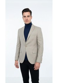 Resim Plus Scorpion Ekoseli Slim Fit Erkek Blazer Ceket Şık Modern Tasarım, Tek Düğmeli Açık Bej 