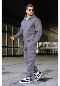 Resim Füme Kapüşonlu Kargo Cepli Erkek Eşofman Takımı E7342 Füme 